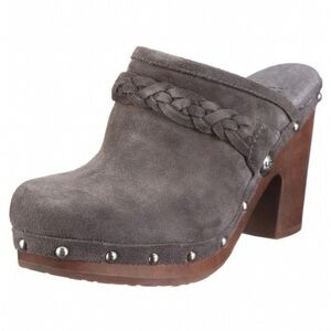 UGG Kaylee Gray Suede Studded Wooden Heel Clogs Mule Style 3210 Heel Height 3.5”